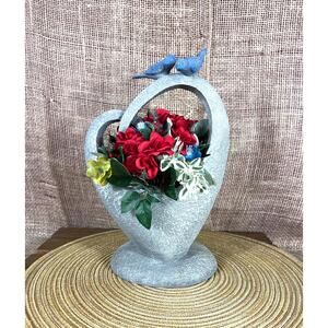 Collections Inc Heart Shaped Stone Look Planter ~Bluebirds on Handle